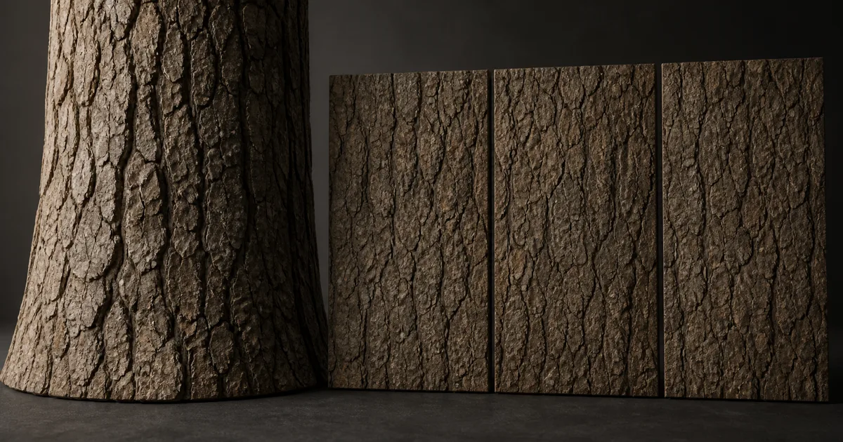 A mature bark-covered trunk beside three matching flat bark material samples under grazing studio light