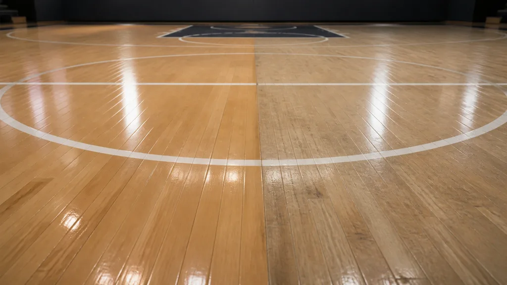 The same maple court shown as newly refinished on the left and realistically worn on the right under identical grazing light