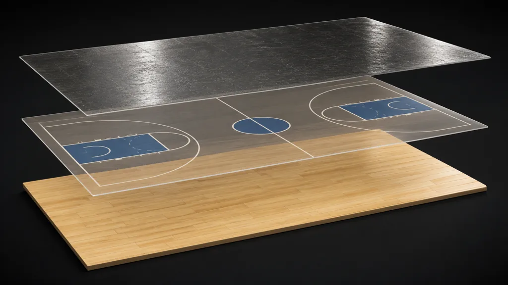 Exploded view of a maple court base, a separate translucent layer of court markings, and a top layer representing clear finish and scuffs