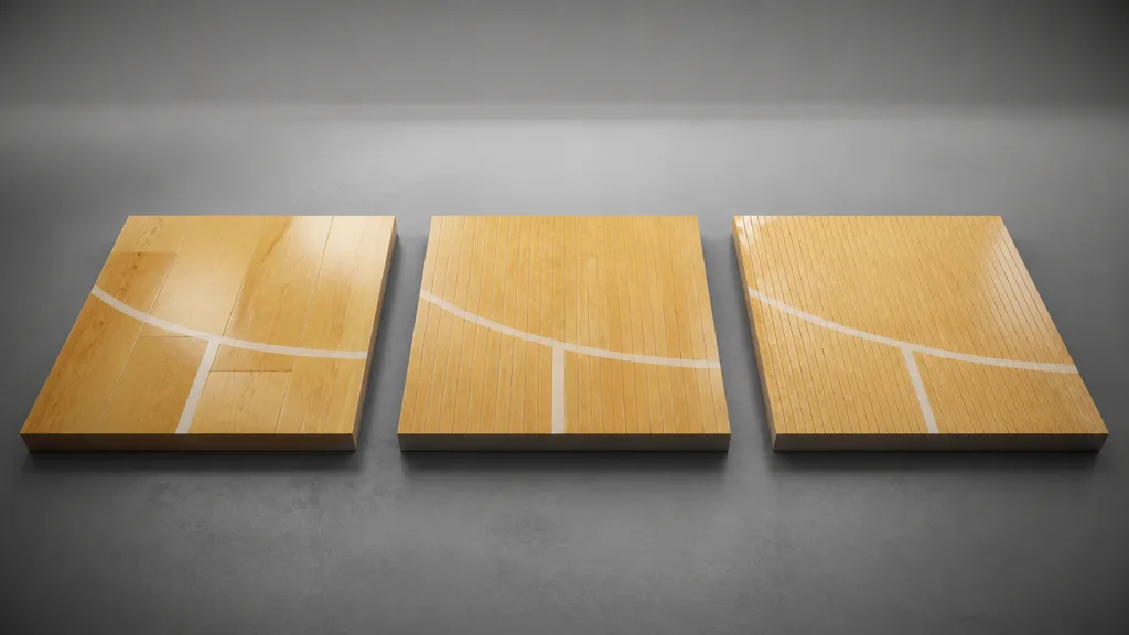 Three maple court test slabs comparing oversized boards on the left, plausible board scale in the center, and overly fine noisy boards on the right