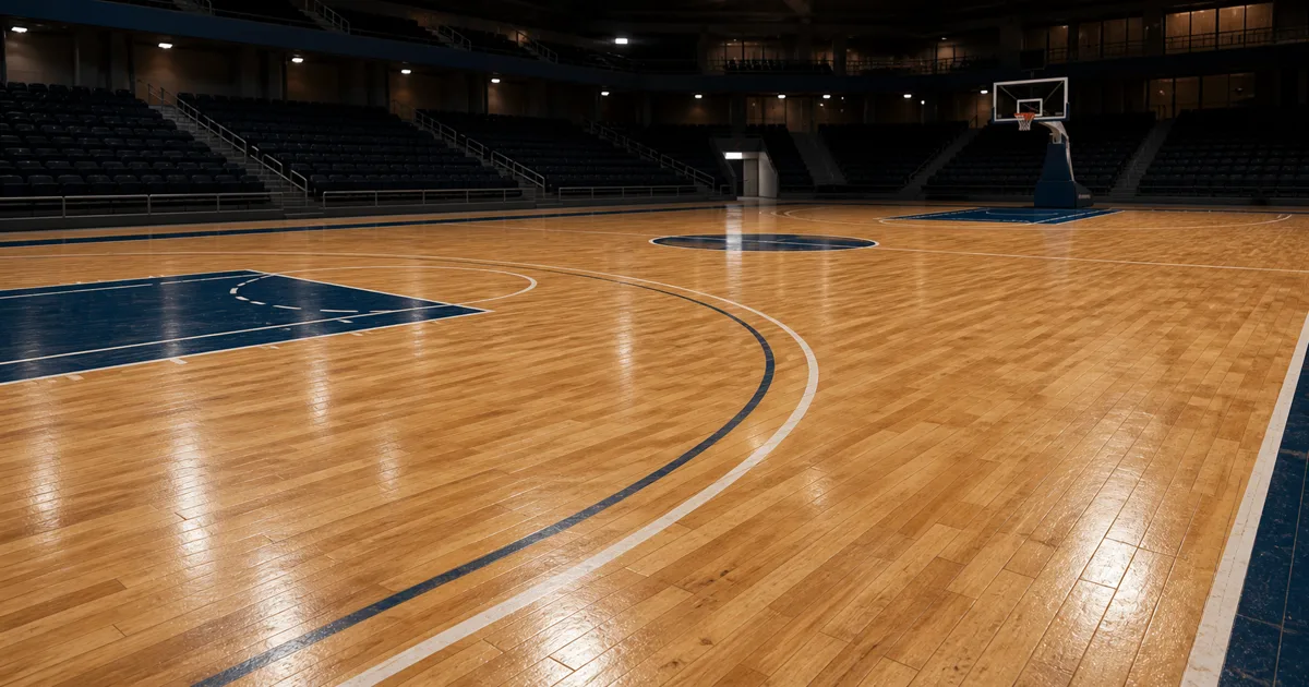 Empty indoor basketball arena with a warm maple floor, dark blue court paint, clear boundary lines, and long reflections from overhead lights