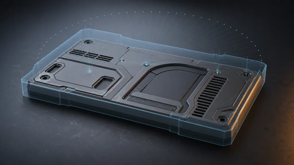 Hard-surface panel surrounded by a transparent bake cage with hemisphere samples rising from recesses