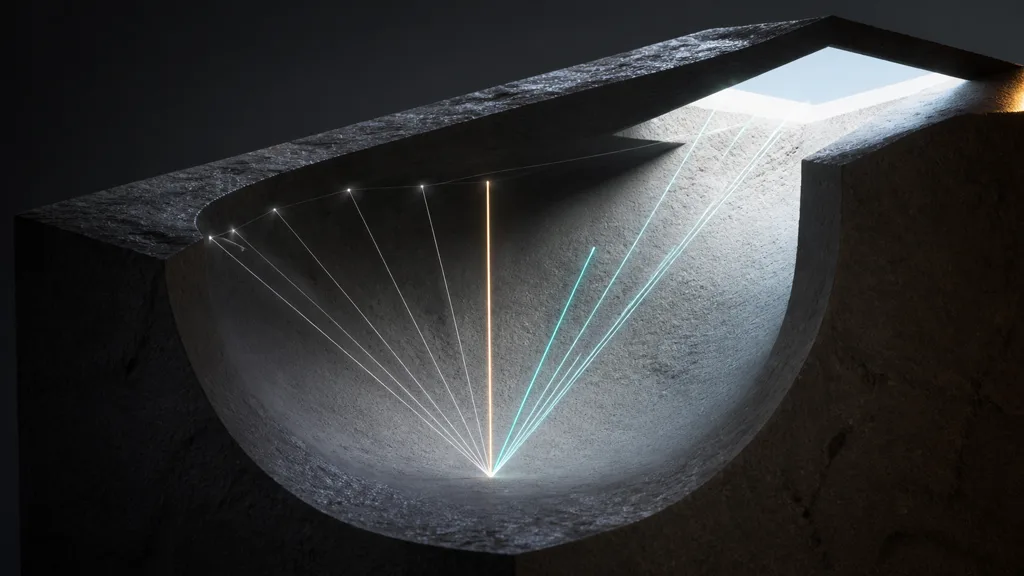 Cutaway stone cavity with sample rays clustering toward the open skylight direction