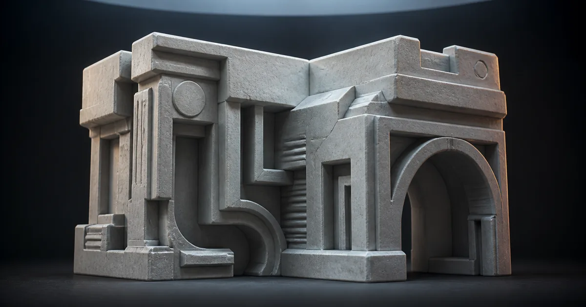 Pale stone architectural test block with deep cavities and arches under controlled indirect studio light