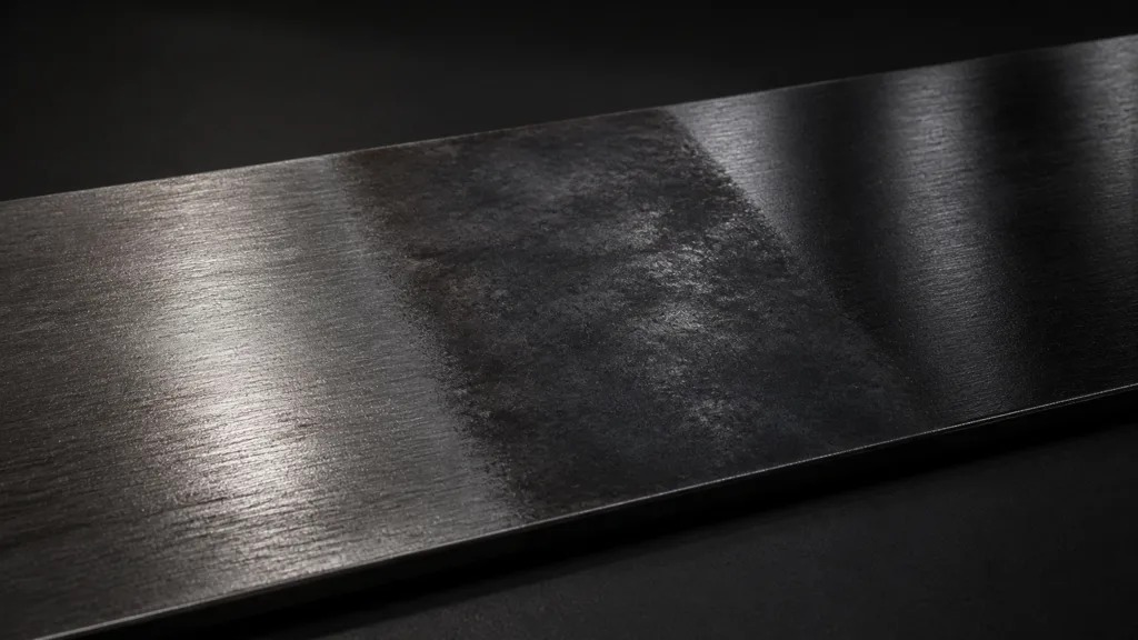 Long steel plate transitioning from raw directional steel through mottled black oxide to a darker protected finish
