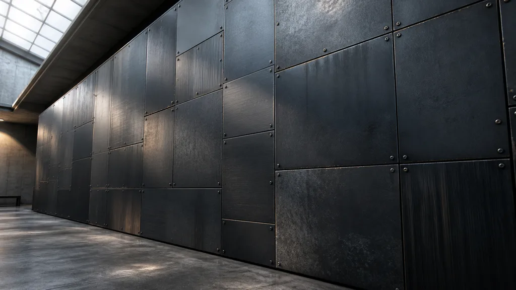Wide industrial gallery wall made from varied blackened steel panels with subtle finish changes and separate fasteners