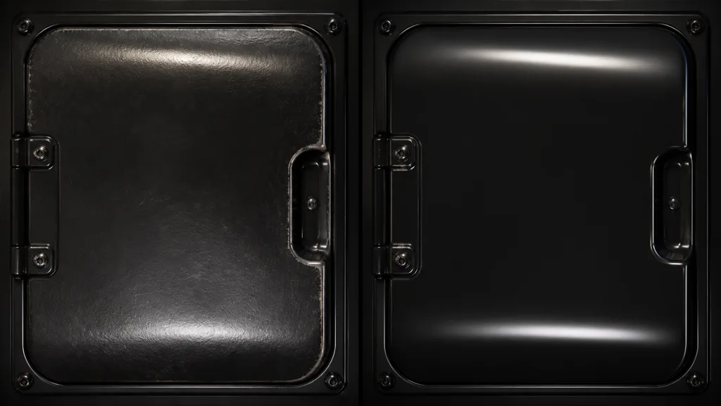 Two black metal access panels comparing varied worn blackened steel with an overly smooth glossy black surface