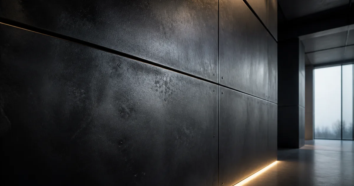 Blackened steel wall panels with subtle oxide clouding and grazing reflections in a modern industrial interior