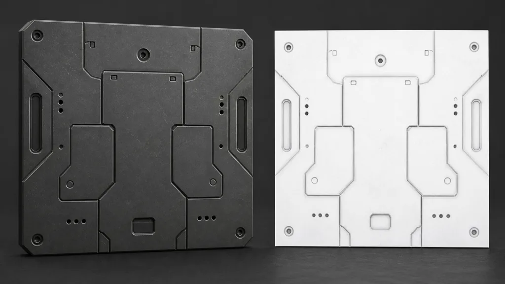 Dark machined relief panel beside a white grayscale cavity texture with only seams, holes, and narrow recesses darkened