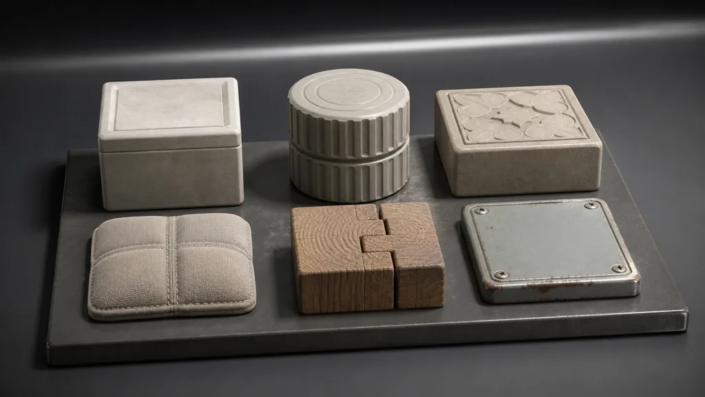 Stone, grooved ceramic, carved tile, stitched fabric, wood joint, and painted metal test pieces under a neutral grazing studio light