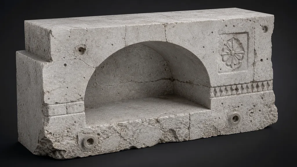 Pale stone cutaway block with a broad arch, fine cracks, pores, and engraved details at several physical scales