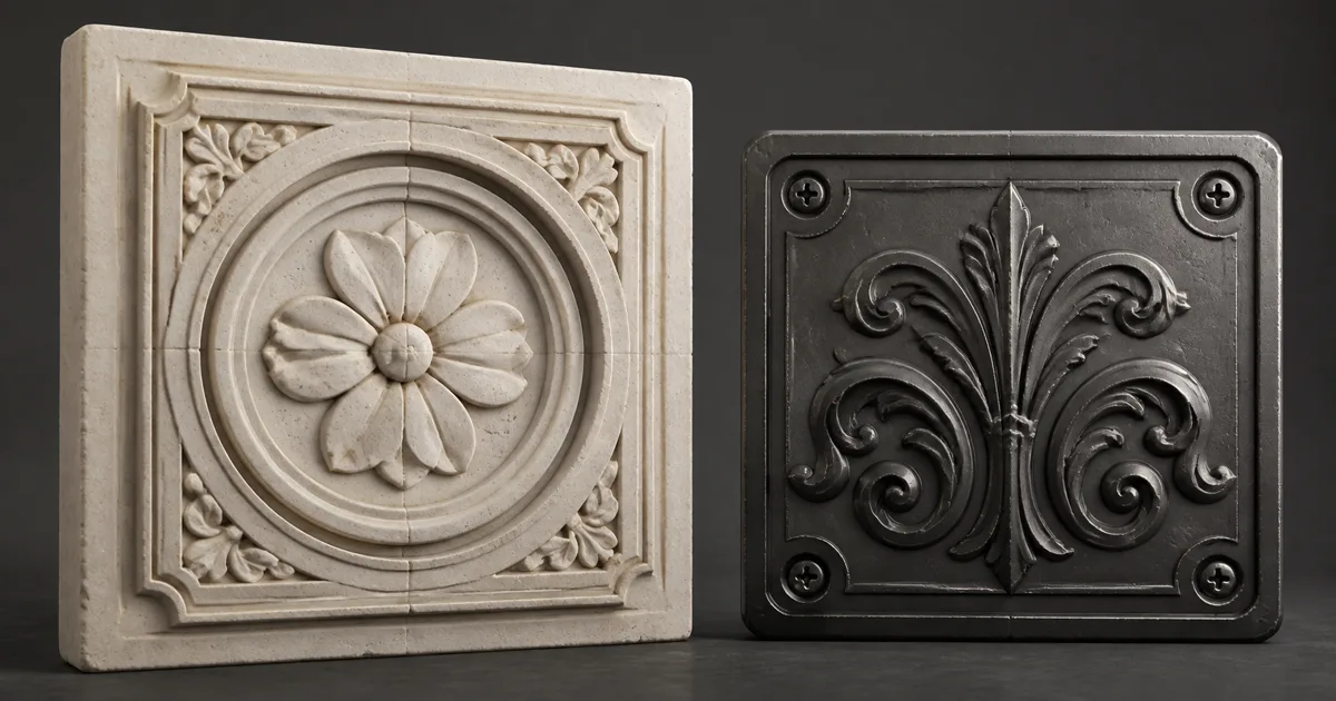 Carved pale stone and dark metal relief panels showing fine seams, pores, and recessed ornament under neutral studio light