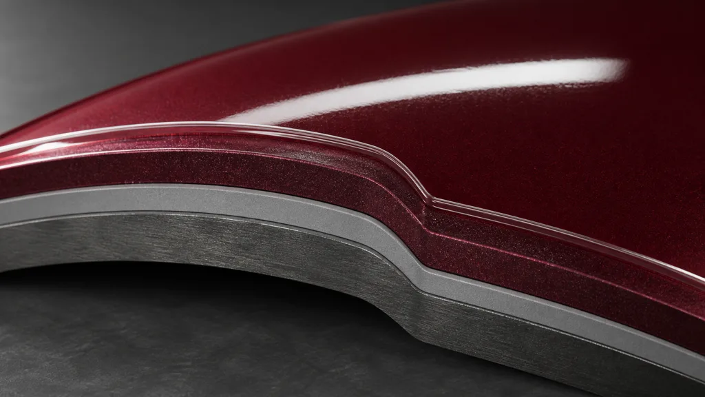 Macro cutaway of a curved metallic red panel exposing metal, primer, basecoat, and a thin reflective clear top layer