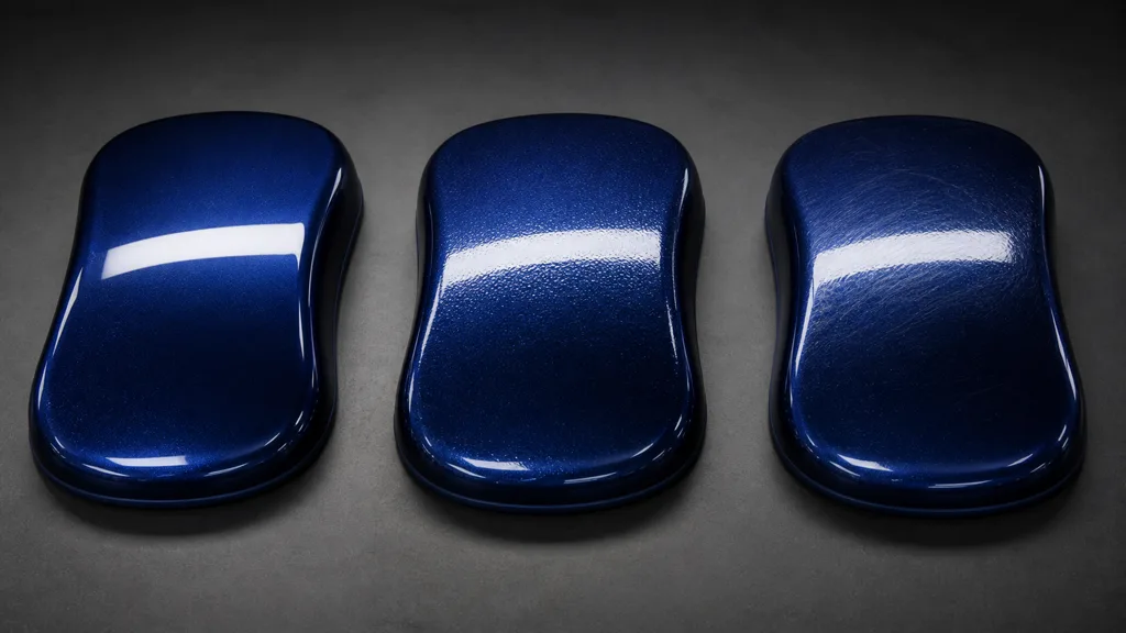 Three identical blue metallic paint samples showing clean gloss, orange-peel texture, and fine circular wash scratches