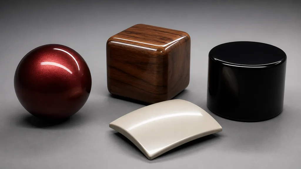 Red metallic sphere, varnished walnut cube, black coated cylinder, and cream painted curved panel under shared studio lights