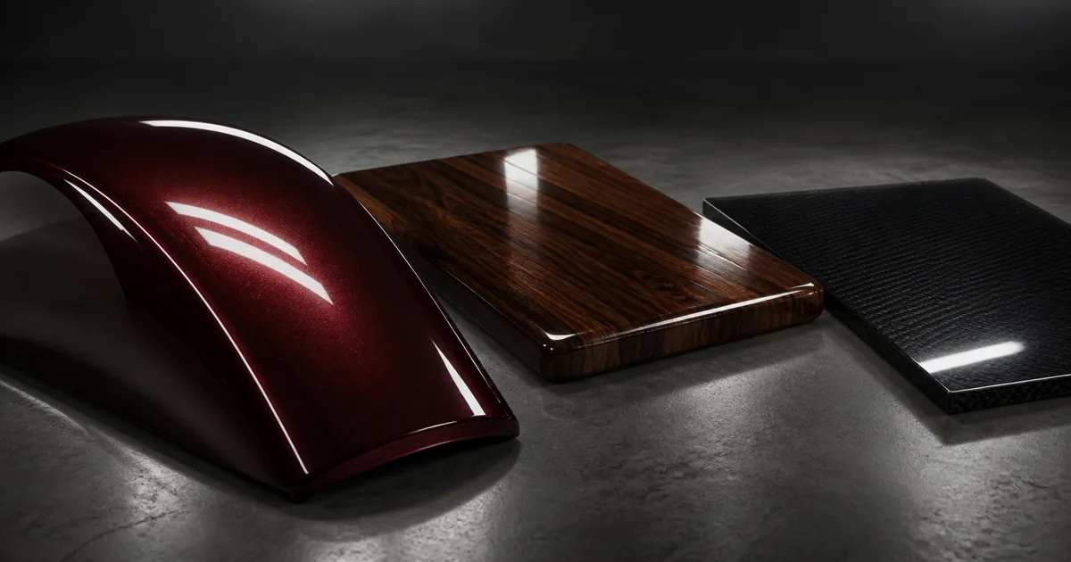 Burgundy automotive paint, varnished walnut, and coated carbon-fiber panels reflecting white studio strips