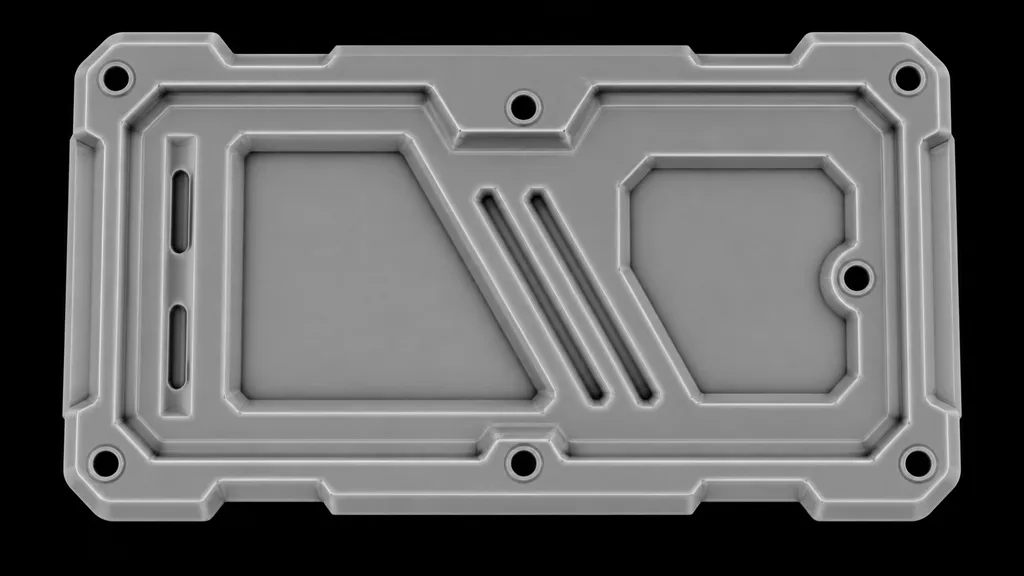 Grayscale mechanical panel with bright convex bevels dark recessed grooves and middle-gray flat faces