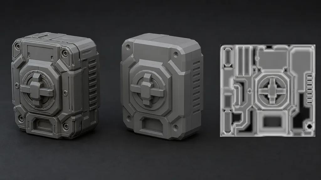 High-poly mechanical housing low-poly counterpart and matching grayscale curvature texture arranged as a baking workflow