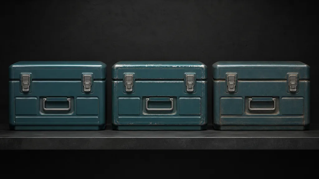 Three matching teal metal toolboxes showing clean paint controlled convex edge wear and subtle concave cavity dust