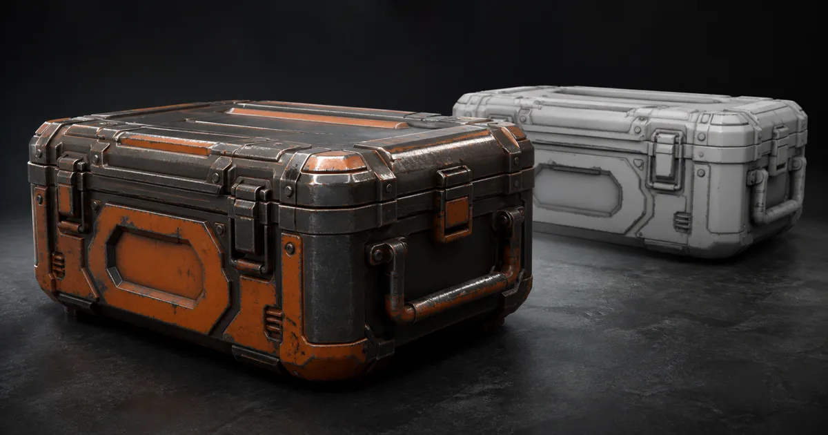 Weathered orange equipment case beside a neutral grayscale version showing how surface shape can drive edge wear and cavity buildup