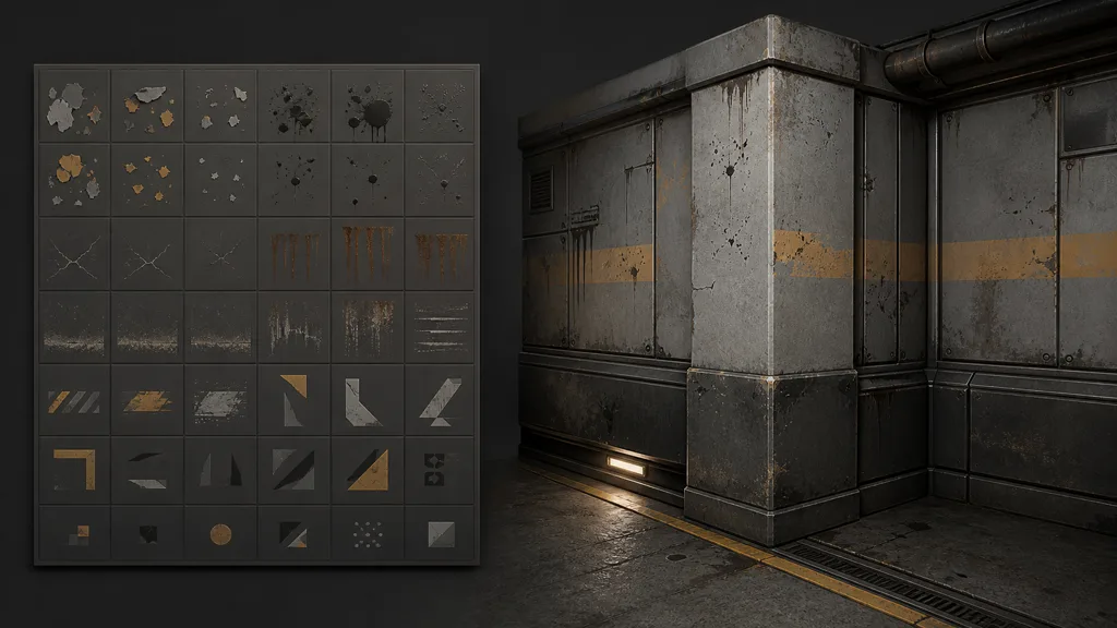 Grid of reusable chips, splashes, cracks, streaks, and geometric marks beside a corridor using those decal motifs