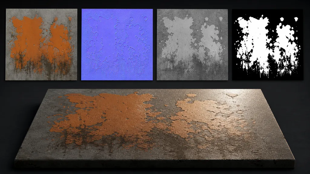Aligned color, tangent-space normal, roughness, and opacity maps above their combined chipped-paint decal