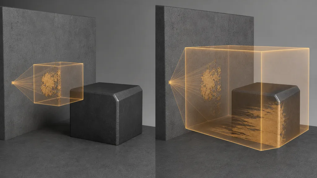 Compact decal projection on a wall compared with an oversized volume smearing the same mark across a corner and box