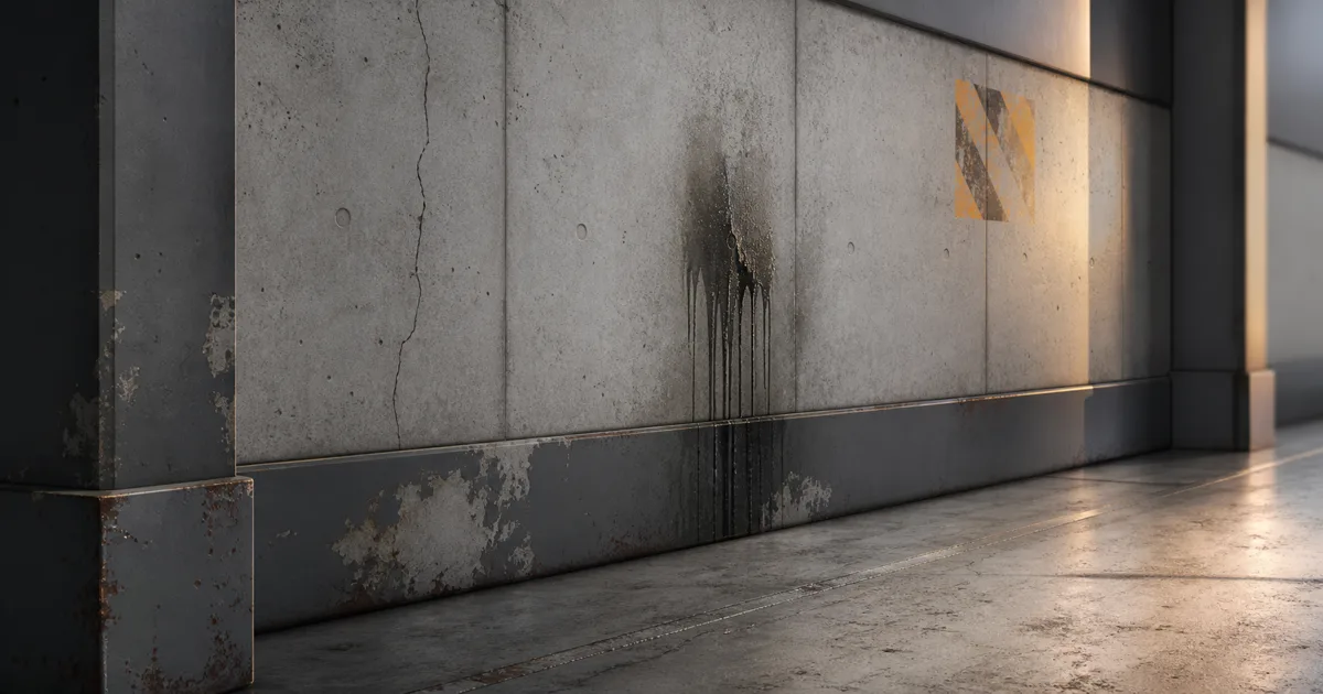 Industrial concrete and metal corridor broken up by localized chipped paint, cracks, oil streaks, and grime