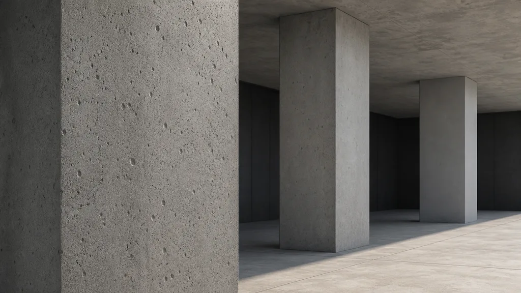 Concrete pillars receding from a porous close surface to calm stable distant surfaces