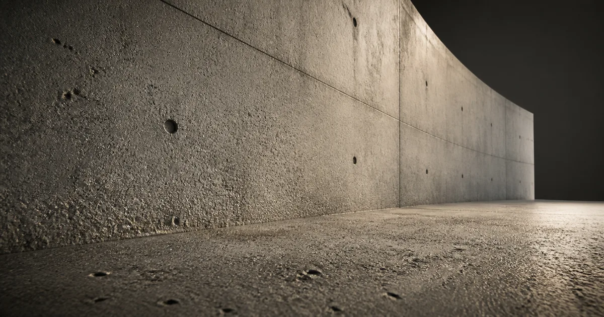 Large concrete wall showing fine foreground pores that settle into broad stable surface character with distance