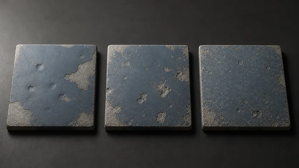 Three matching blue-gray material coupons progressing from broad damage to medium chips and restrained fine scratches