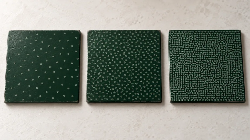 Three dark green material tiles with increasingly dense fine coverage dots