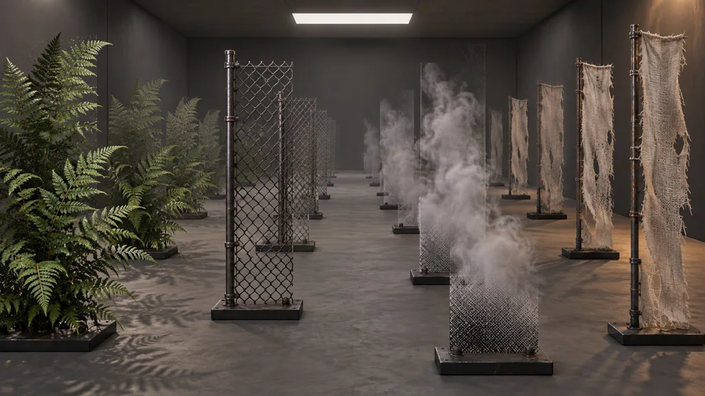 Material test lane with layered fern cards, chain-link cutouts, smoke planes, and torn fabric at several distances