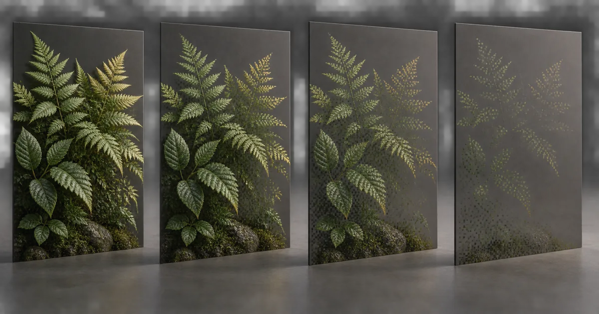 Four fern material cards progressing from opaque foliage to sparse dithered coverage