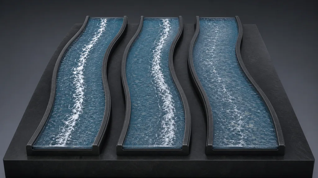Three curved water channels showing two offset ripple phases and their continuous blended result