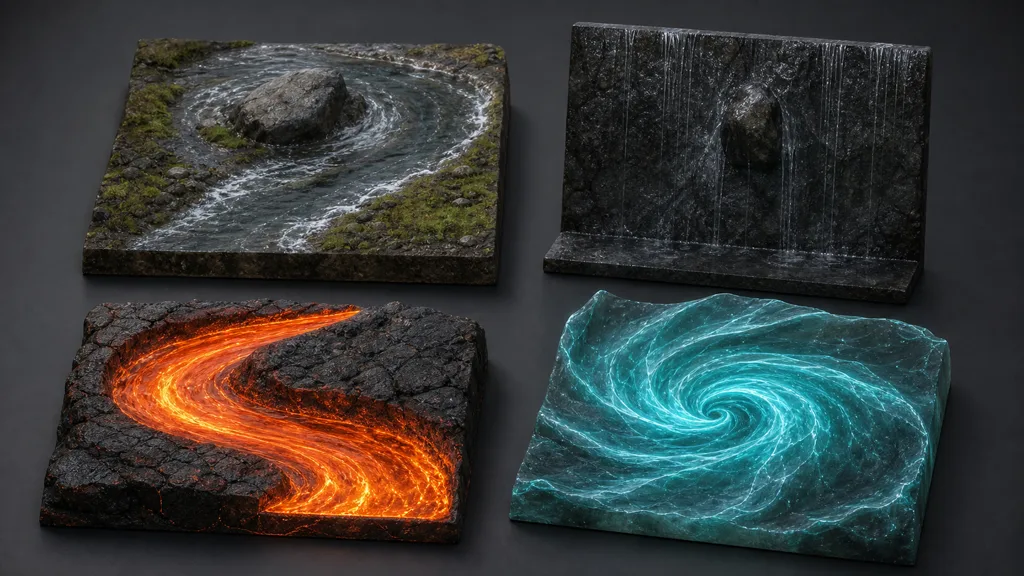 Four flow-map material tests showing river current, rain on stone, curved lava, and a cyan energy vortex