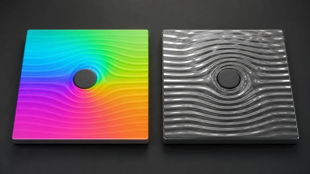 Colored vector-field tile beside a grayscale ripple tile warped around the same circular obstacle