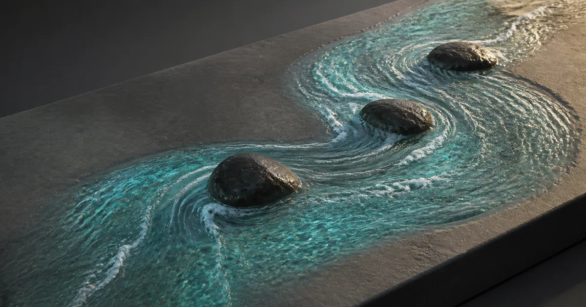 Shallow blue-green water following an S-curve around three dark stones with foam tracing the current