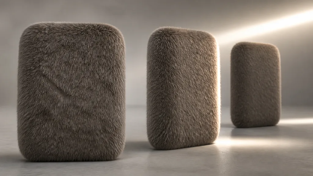 Three rounded fur-covered forms showing the same material at close, grazing, and distant viewing conditions