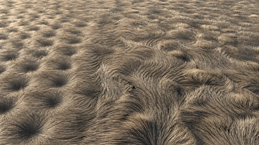A broad fur field transitioning from repeated circular clumps to varied natural flow arcs and mixed clump sizes