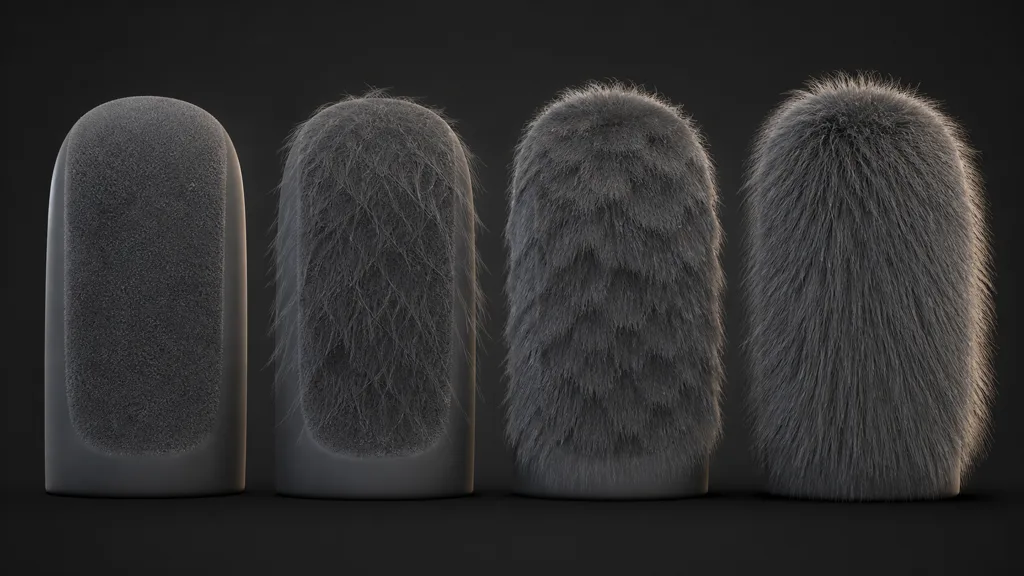 Four matching test forms progressing from shallow fur relief to cards, shell layers, and a full strand groom