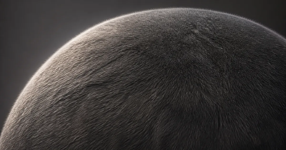 Dense charcoal short fur flowing naturally over a rounded form under grazing studio light
