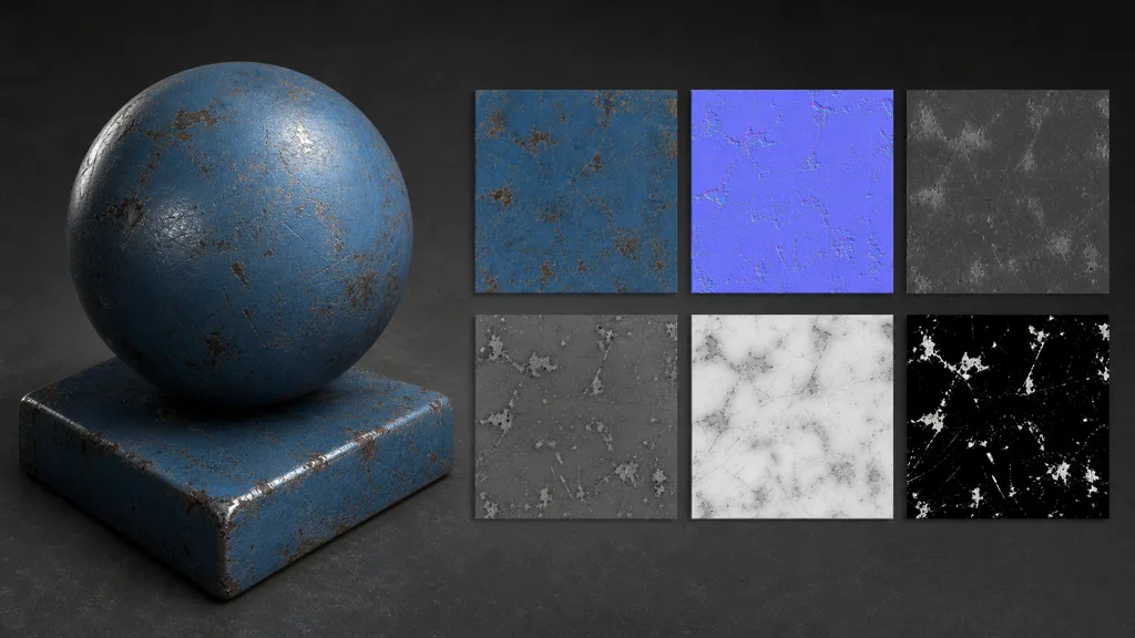 Weathered blue painted steel on a sphere and cube beside aligned base colour, normal, roughness, height, ambient occlusion, and metalness map swatches