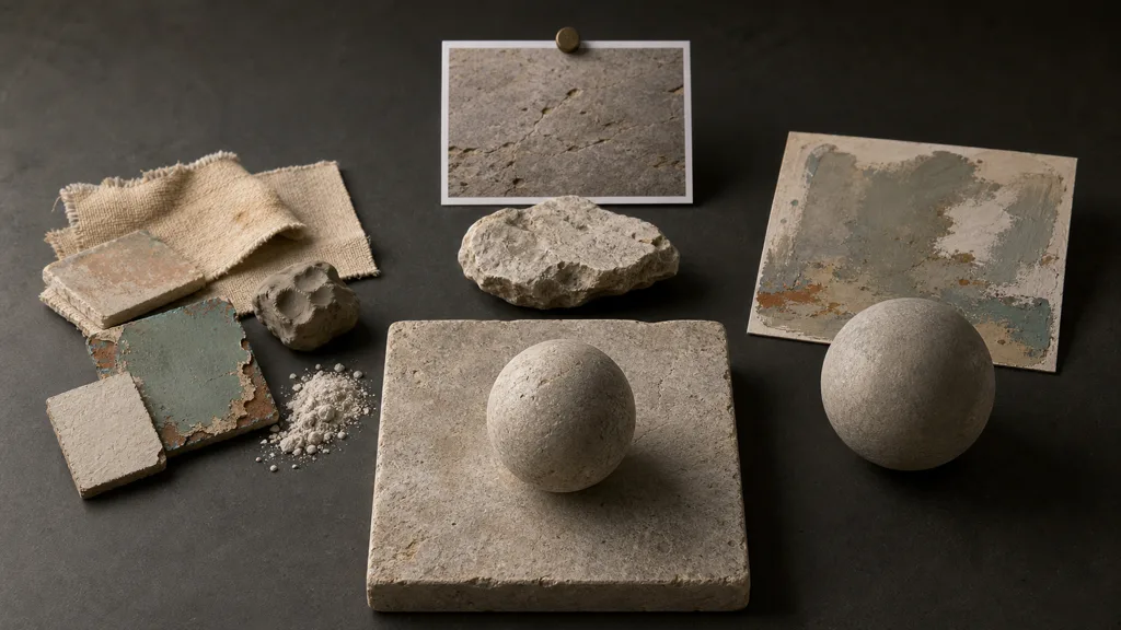Physical material samples, a neutral stone photograph, a painted concept swatch, and matching material spheres arranged on a dark studio table