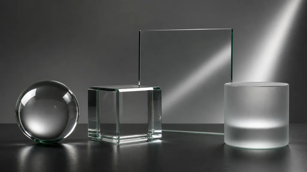 Glass sphere beveled cube flat pane and frosted cylinder tested together under soft and grazing studio lights