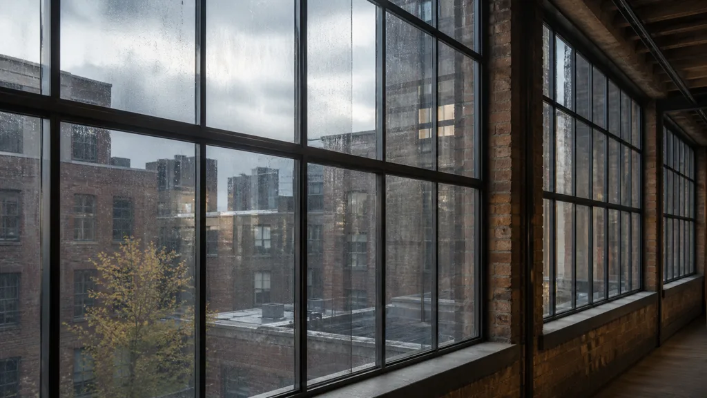 Long industrial window wall with restrained non-repeating dust and dried rain variation visible across many panes