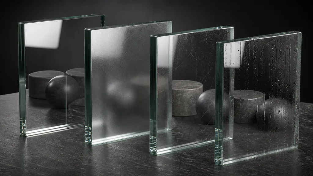 Four thick glass samples comparing polished etched scratched and rain-marked surface responses under controlled studio highlights