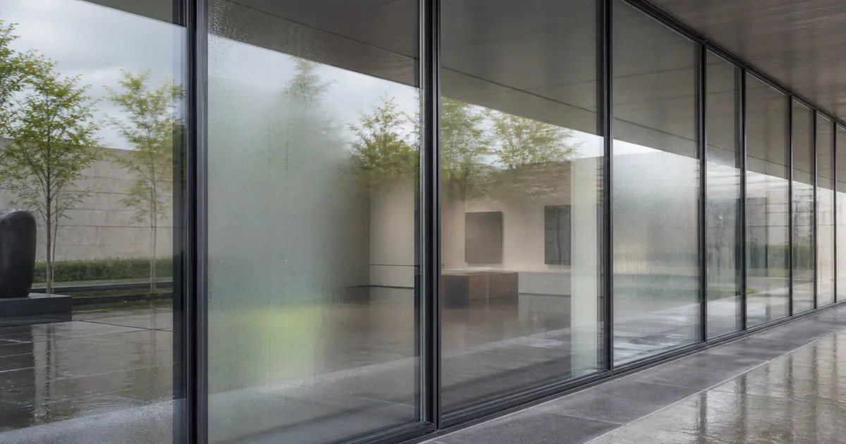 Modern gallery glazing showing clear frosted and rain-marked glass with believable reflections and transmitted courtyard detail