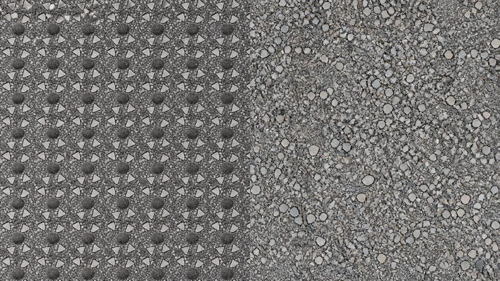 Overhead gravel comparison with repeated pale triangular stones and dark patches on the left and varied natural distribution on the right