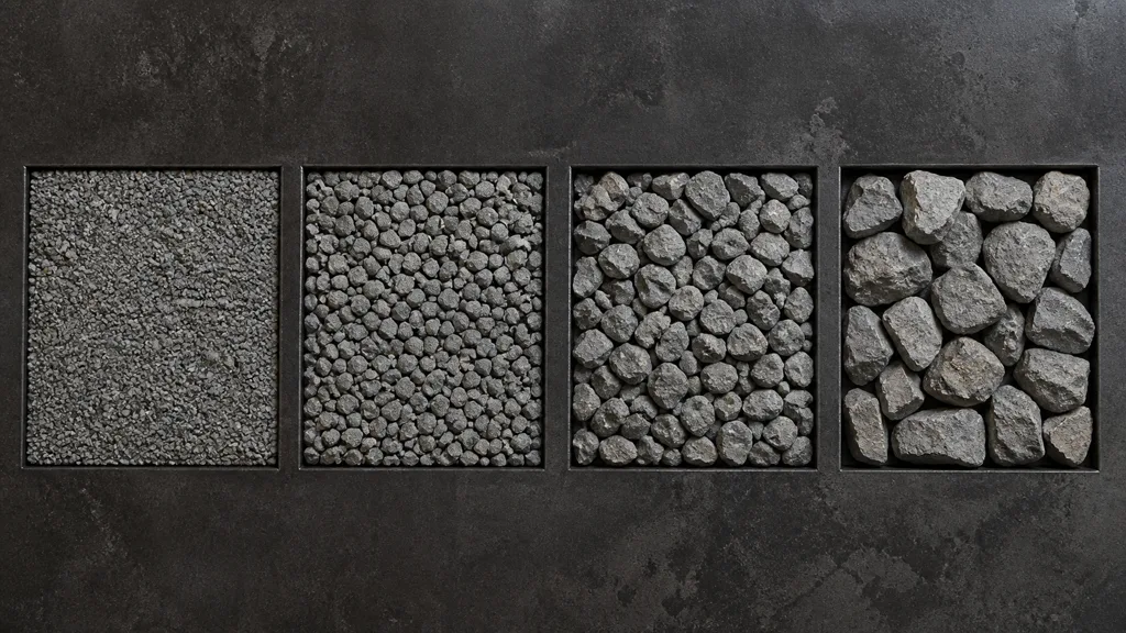 Four overhead gravel sample beds progressing from compacted fine stone to coarse angular rock at one consistent physical scale